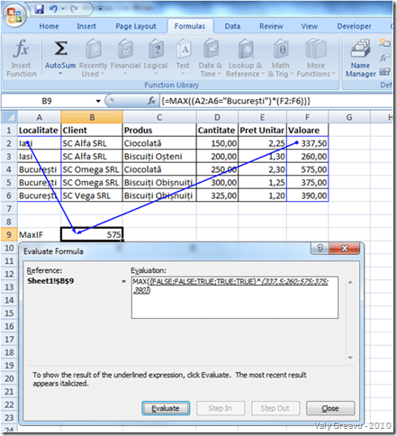 MaxIF în Excel - Evaluare formula
