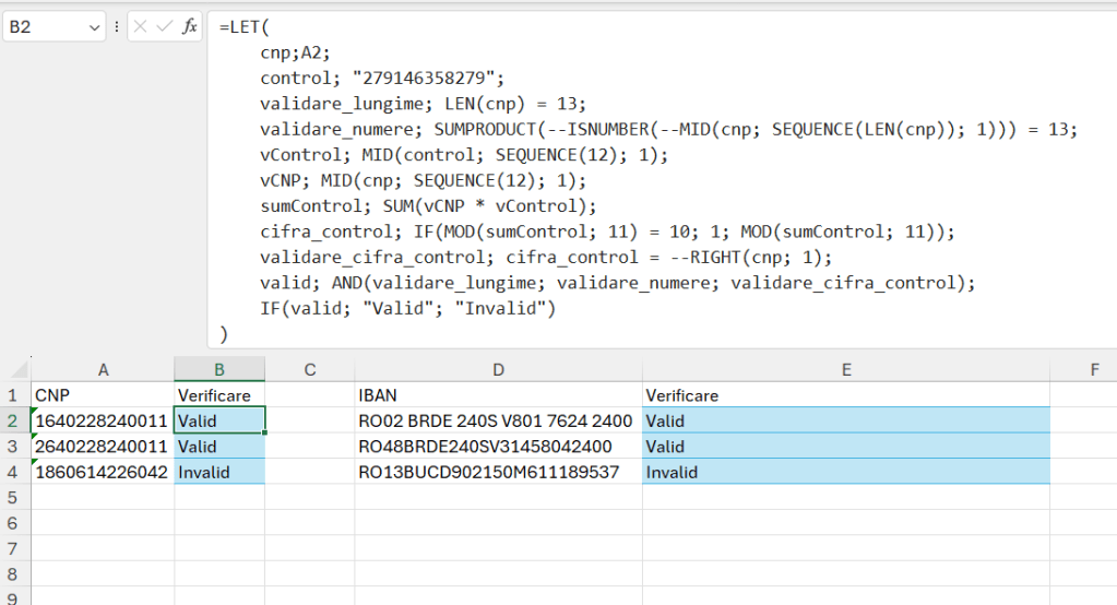 Validare CNP și IBAN în Excel.