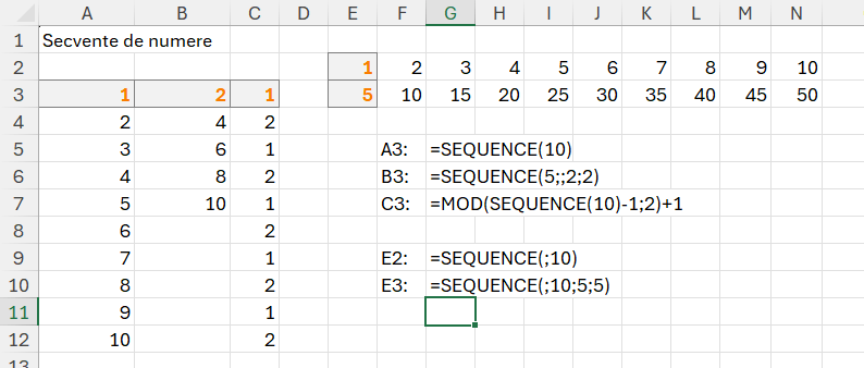 Variante utilizare funcția sequence în Excel.