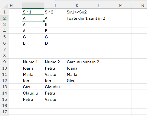 Exemple de comparare a două coloane de valori.