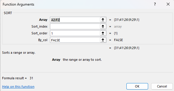 Funcția de sortare pentru valorile pe o linie.