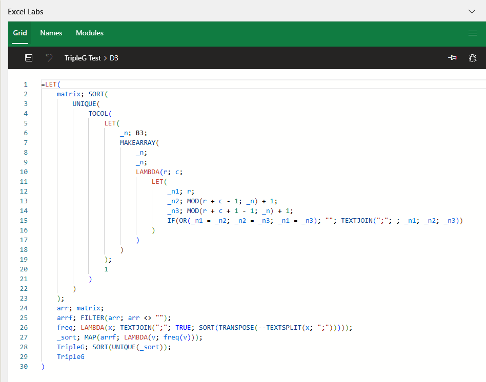 Funcția _fTripleMatrix() în cod vizual.